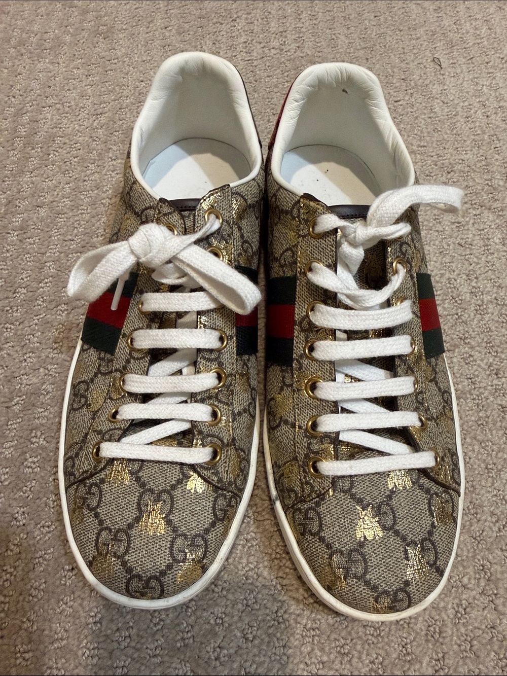 Gucci Brown GG Bee Canvas Sneakers with Red & Green Stripe